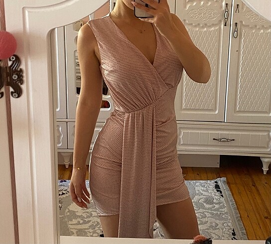 Koton Parlak simli toz pembe elbise