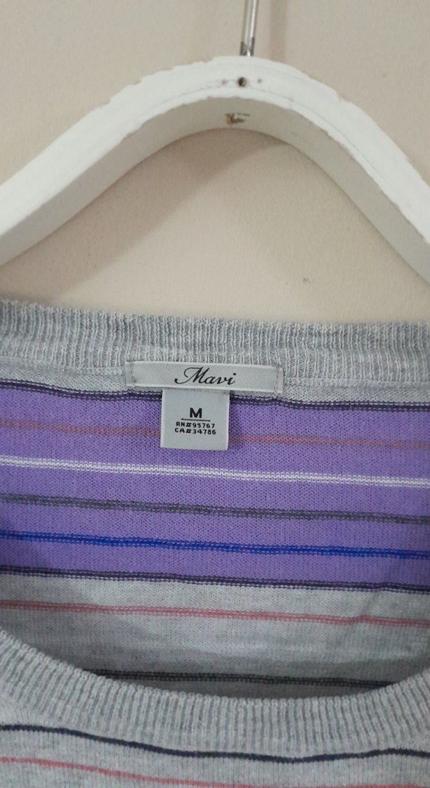 Mor Gri Çizgili Uzun Kollu Triko Kazak - Görsel 2
