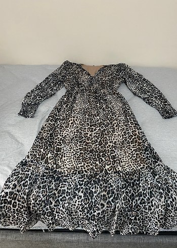 Kahverengi Leopar Desenli Uzun Bohem Elbise