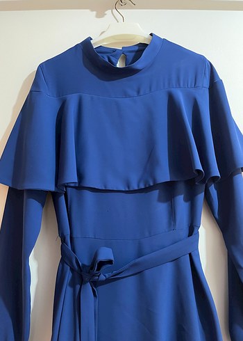 Uzun Kollu Lacivert Fırfırlı Elbise - Görsel 4