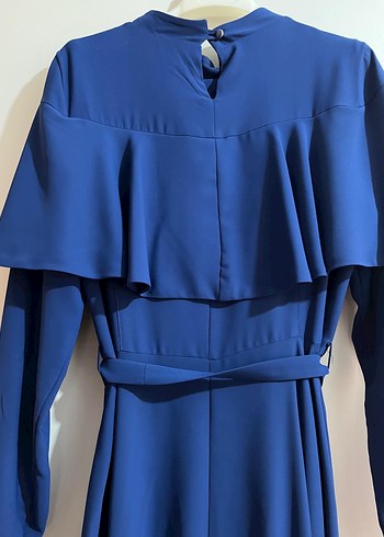 Uzun Kollu Lacivert Fırfırlı Elbise - Görsel 6