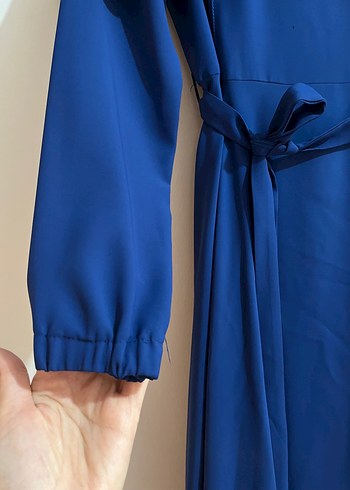 Uzun Kollu Lacivert Fırfırlı Elbise - Görsel 3