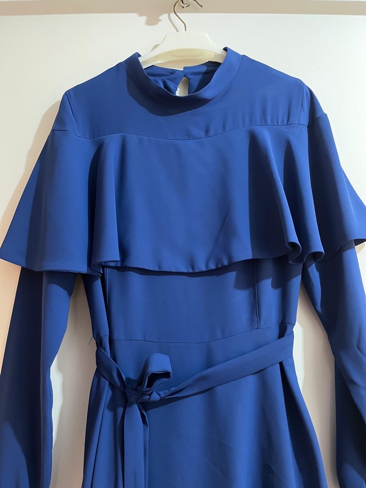 Uzun Kollu Lacivert Fırfırlı Elbise - Görsel 4