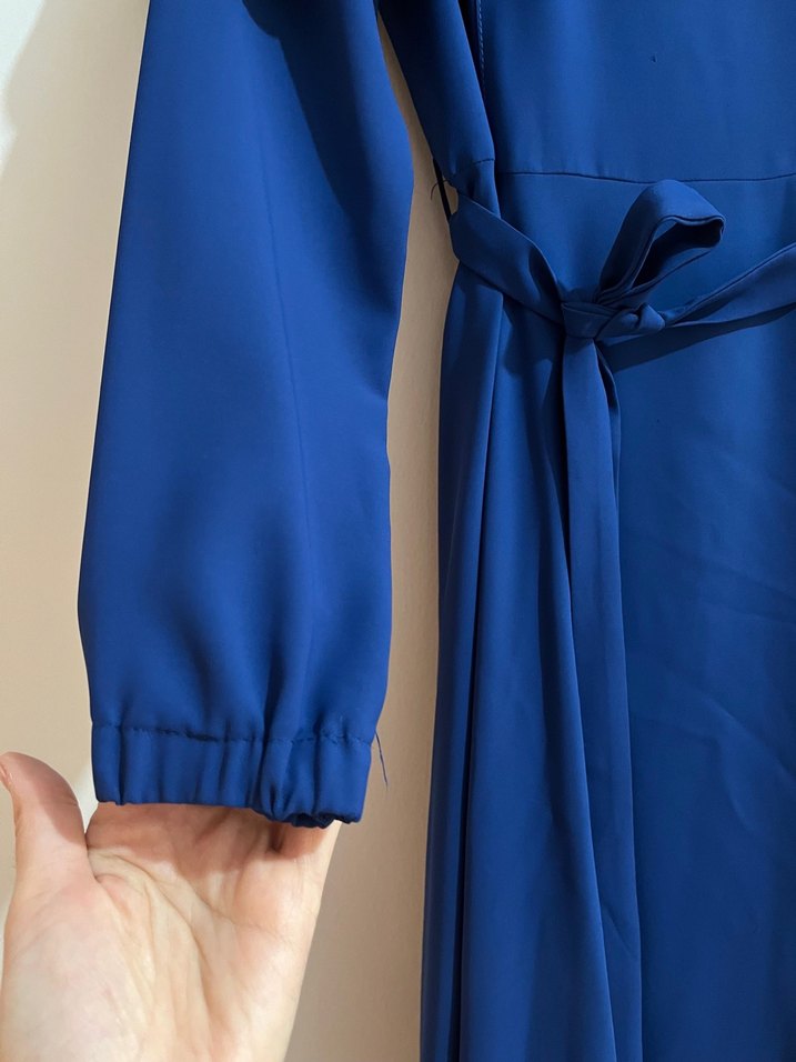 Uzun Kollu Lacivert Fırfırlı Elbise - Görsel 3