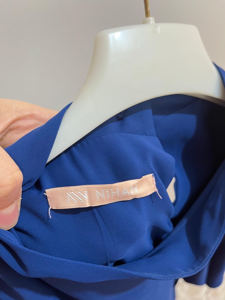 Uzun Kollu Lacivert Fırfırlı Elbise - Görsel 2