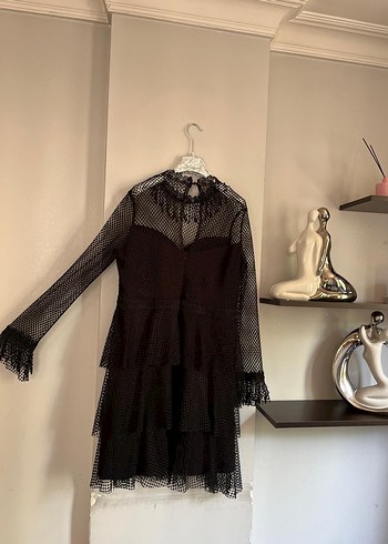Siyah Uzun Kollu Fırfırlı Gotik Kadın Elbise