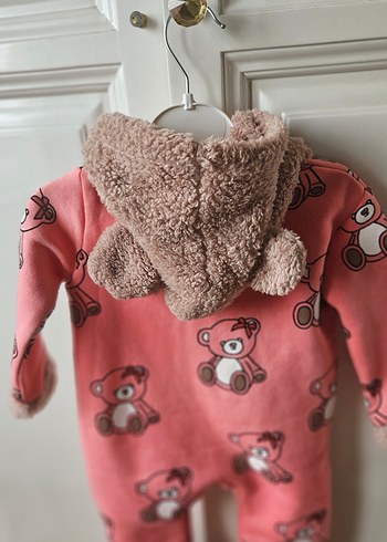 Kapüşonlu Pembe Bebek Tulumu Ayıcık Desenli - Görsel 2