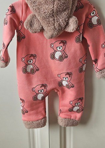 Kapüşonlu Pembe Bebek Tulumu Ayıcık Desenli - Görsel 5