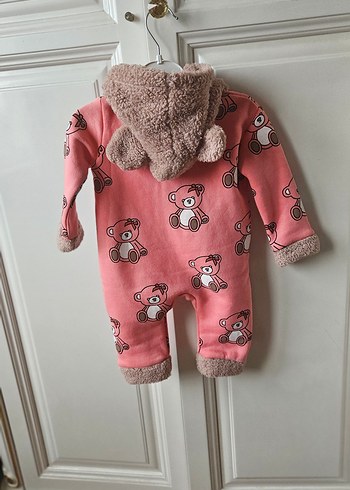 Kapüşonlu Pembe Bebek Tulumu Ayıcık Desenli - Görsel 6