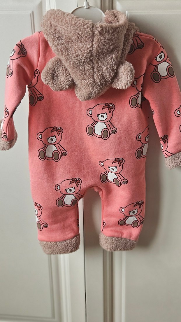 Kapüşonlu Pembe Bebek Tulumu Ayıcık Desenli - Görsel 5