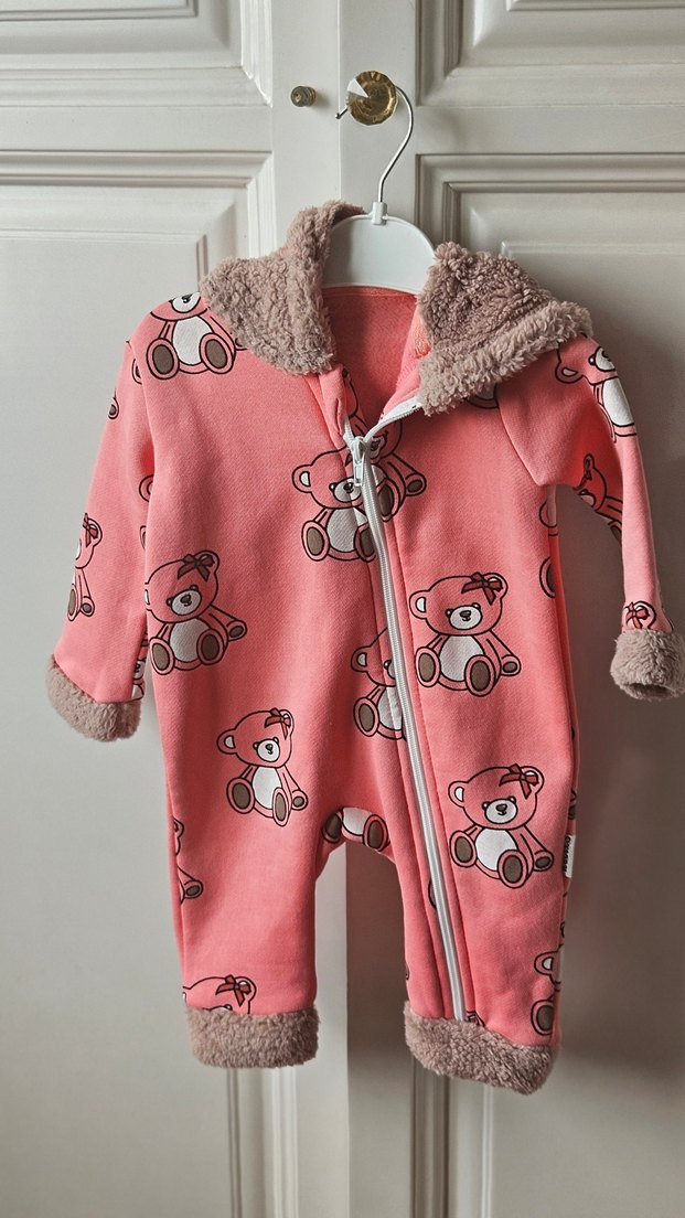 Kapüşonlu Pembe Bebek Tulumu Ayıcık Desenli - Görsel 3