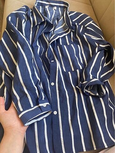 Çizgili gömlek lacivert beyaz - Görsel 5