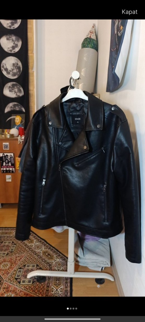 erkek Siyah Deri Biker Ceket - Görsel 3