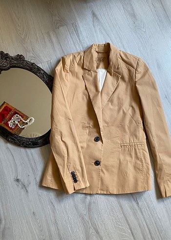 Mango Bej Kadin Keten Dugmeli Blazer Ceket