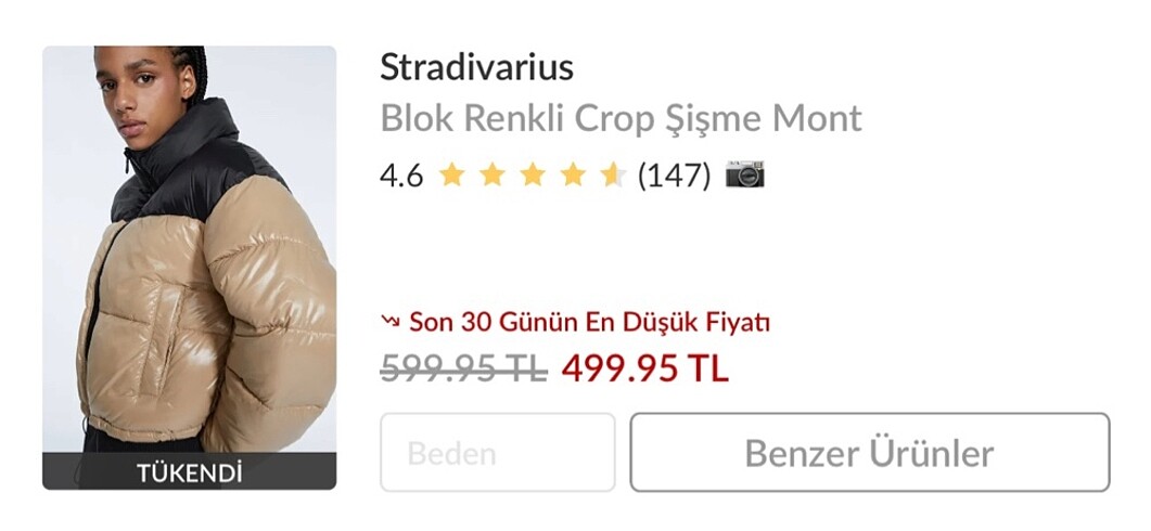 s Beden siyah Renk Stradivarius crop şişme mont