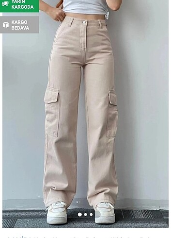 Kadın kargo cep palazzo wide leg bej pantalon 