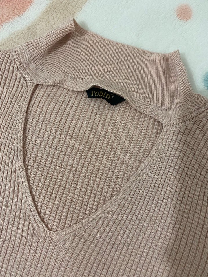 V Yaka Bej Triko Kadın Kazak - Görsel 3