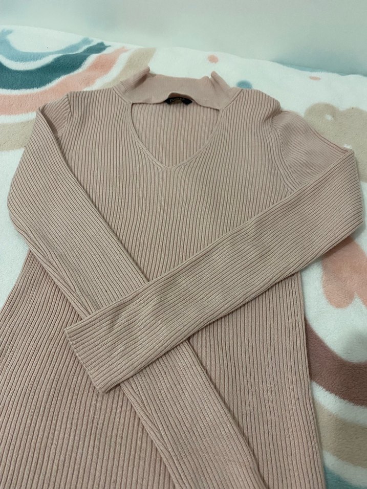 V Yaka Bej Triko Kadın Kazak - Görsel 4