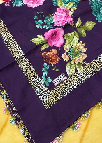 Renkli Dantel Detaylı Mor Bohem Kadın tülbent - Görsel 2