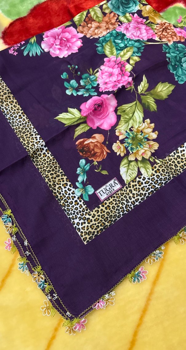 Renkli Dantel Detaylı Mor Bohem Kadın tülbent - Görsel 2