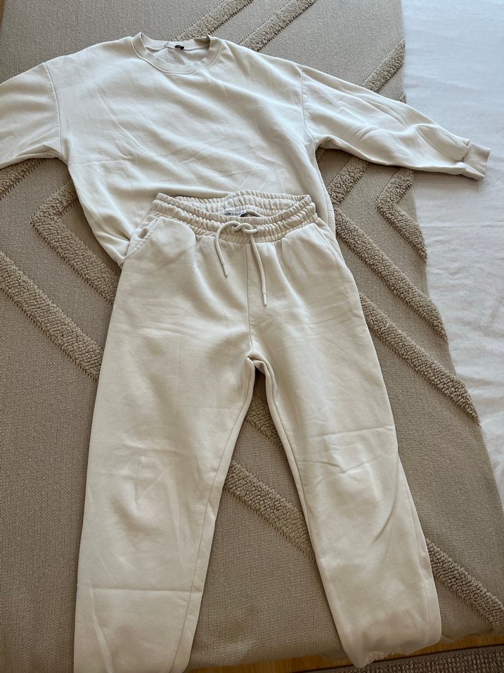 Rahat Kesim Beyaz Keten Kadın Eşofman Altıve üstü - Görsel 2