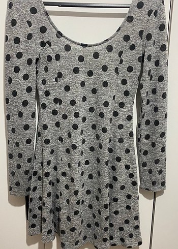 Gri Puantiyeli Uzun Kollu kısa Elbise - Görsel 3