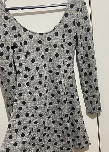 Gri Puantiyeli Uzun Kollu kısa Elbise - Görsel 4