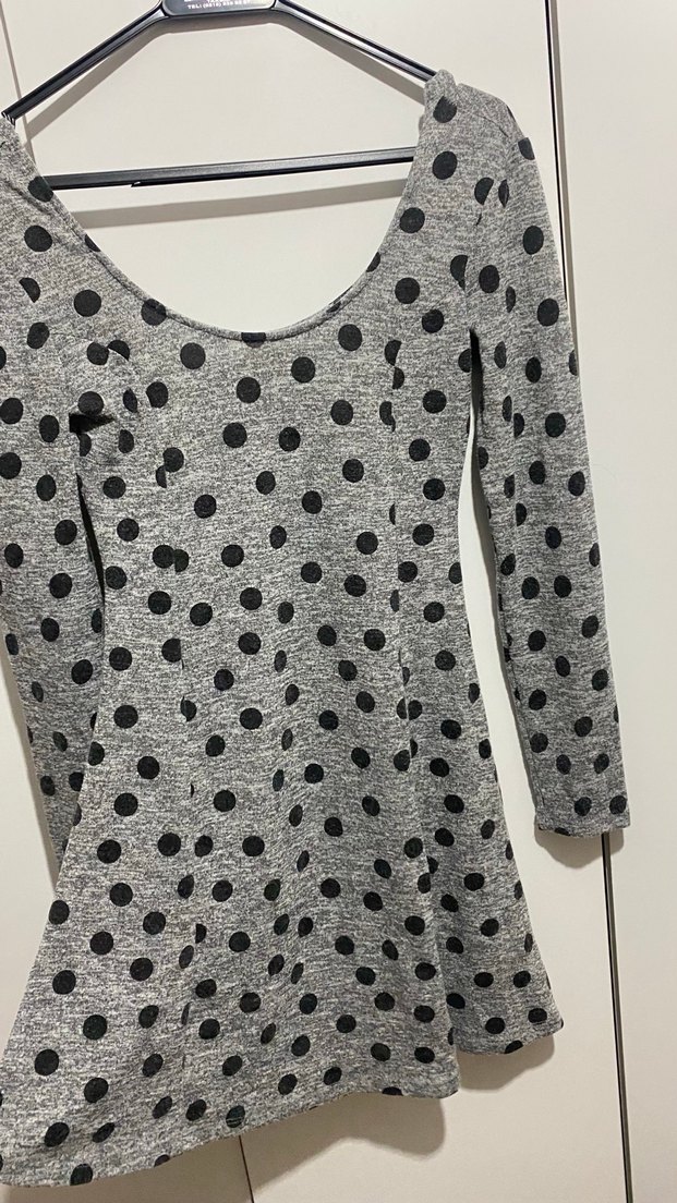 Gri Puantiyeli Uzun Kollu kısa Elbise - Görsel 4
