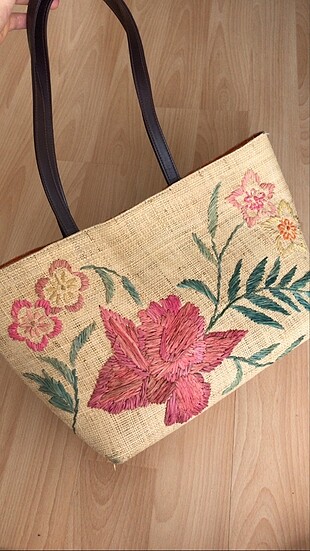 Hasır çiçek desenli plaj çantası
