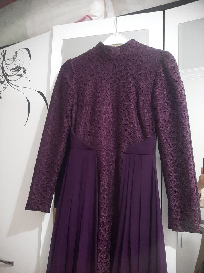 Uzun Mor Drapeli Kadın Abiye Elbise - Görsel 2