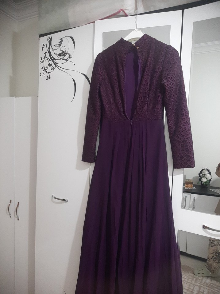 Uzun Mor Drapeli Kadın Abiye Elbise - Görsel 4