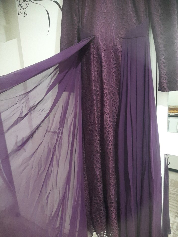 Uzun Mor Drapeli Kadın Abiye Elbise - Görsel 3