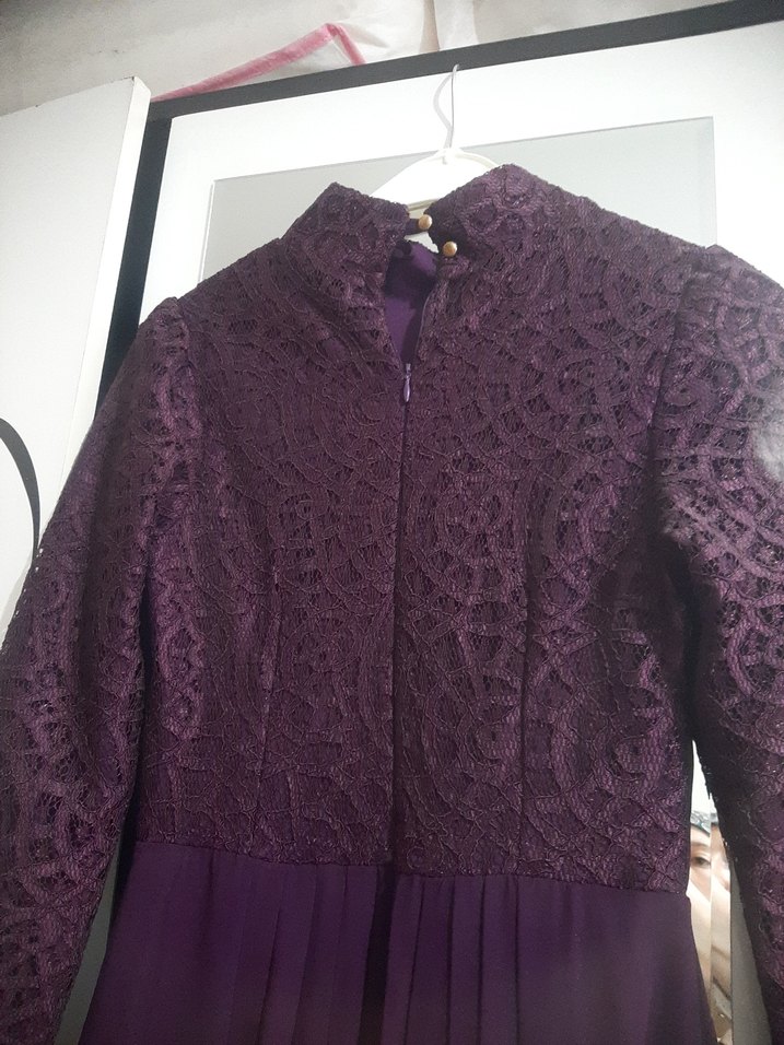 Uzun Mor Drapeli Kadın Abiye Elbise - Görsel 5