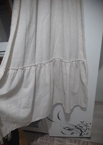 Uzun Kollu Beyaz Keten Kadın Elbise - Görsel 3