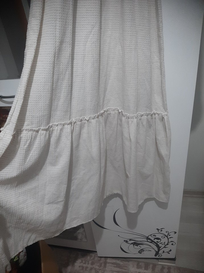 Uzun Kollu Beyaz Keten Kadın Elbise - Görsel 3