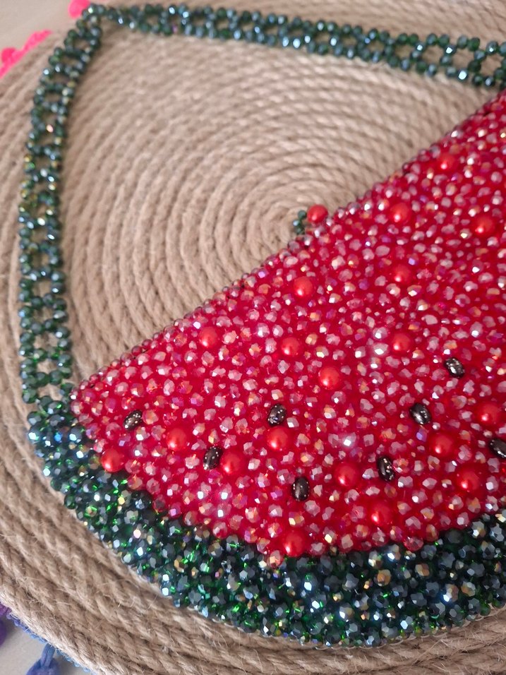 Boncuk İşlemeli Bohem Kadın Karpuz Çanta - Görsel 5