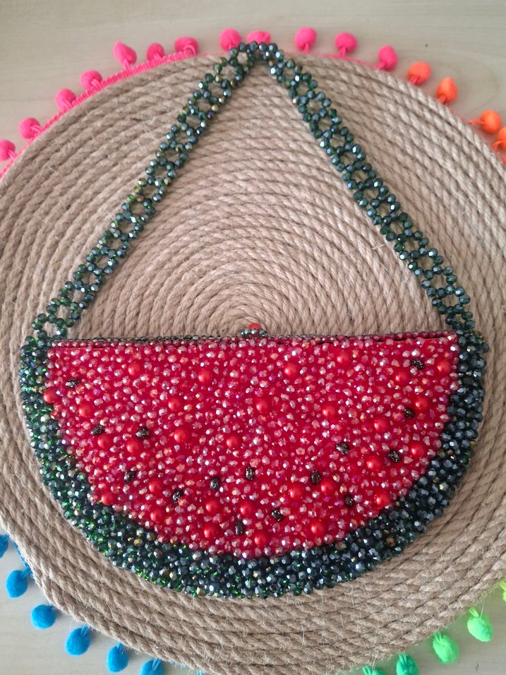 Boncuk İşlemeli Bohem Kadın Karpuz Çanta - Görsel 3