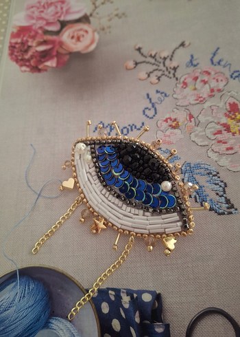 Boncuk İşlemeli Mavi Bohem Broş - Görsel 2