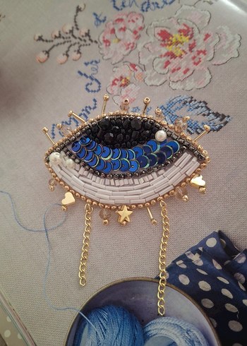 Boncuk İşlemeli Mavi Bohem Broş - Görsel 3