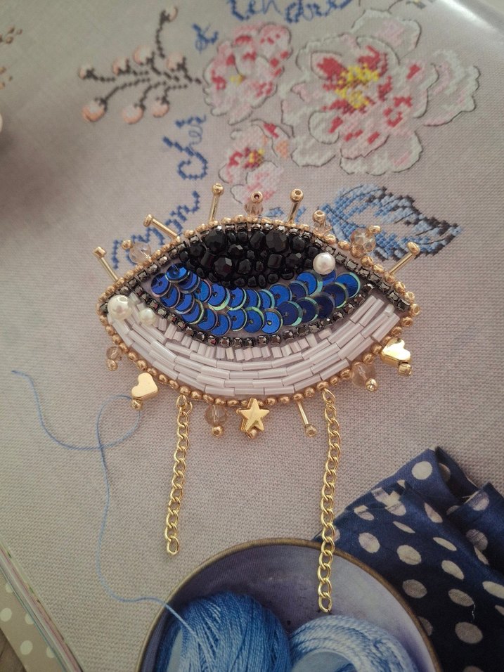 Boncuk İşlemeli Mavi Bohem Broş - Görsel 3