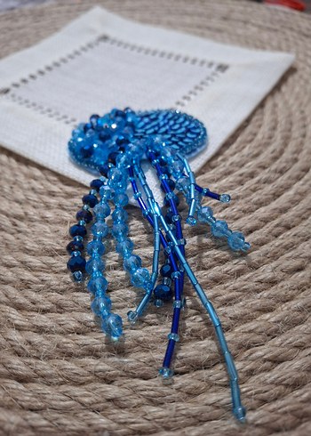 Mavi Payetli El Yapımı deniz analı kahve sunum peçetesi - Görsel 2