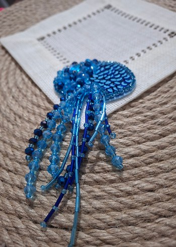 Mavi Payetli El Yapımı deniz analı kahve sunum peçetesi - Görsel 3