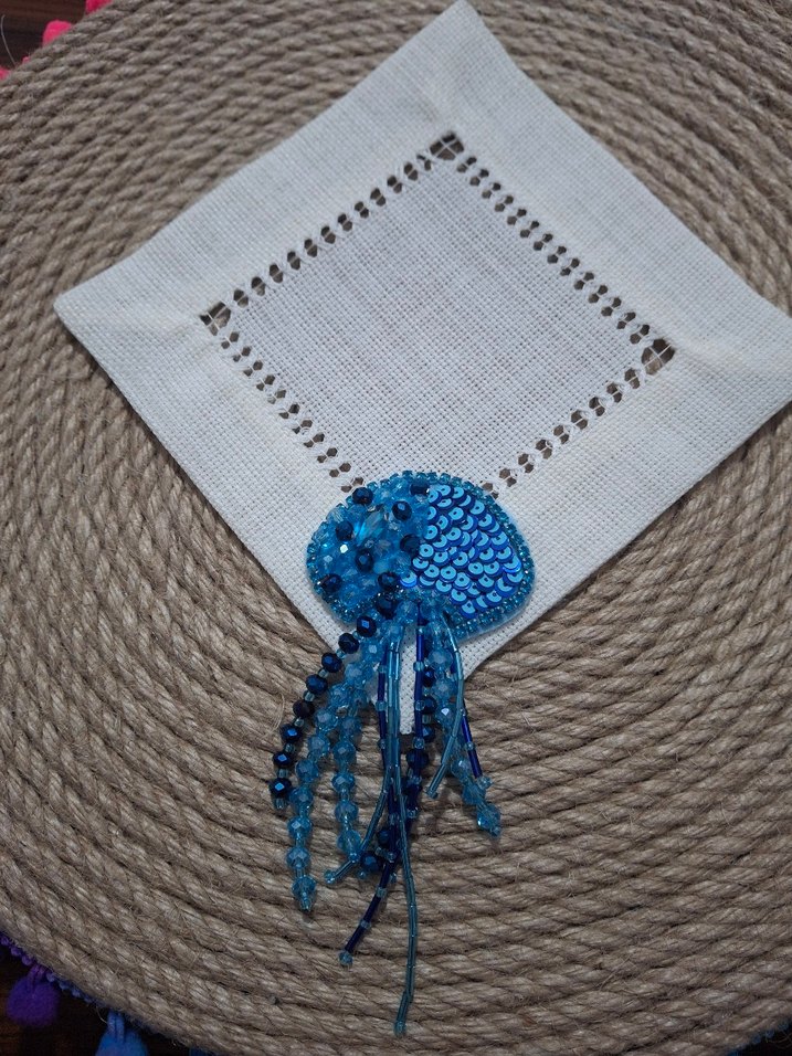 Mavi Payetli El Yapımı deniz analı kahve sunum peçetesi - Görsel 4