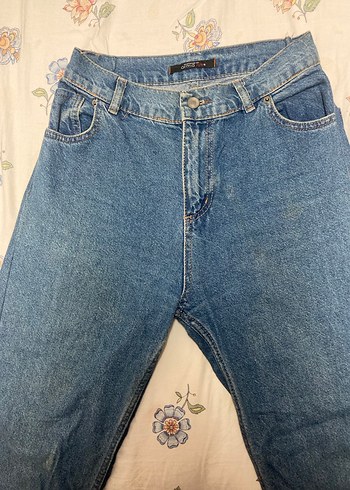 Düğmeli Mavi Midi Boy Geniş Kesim Kadın Kot Pantolon - Görsel 2