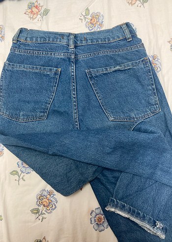 Düğmeli Mavi Midi Boy Geniş Kesim Kadın Kot Pantolon - Görsel 4