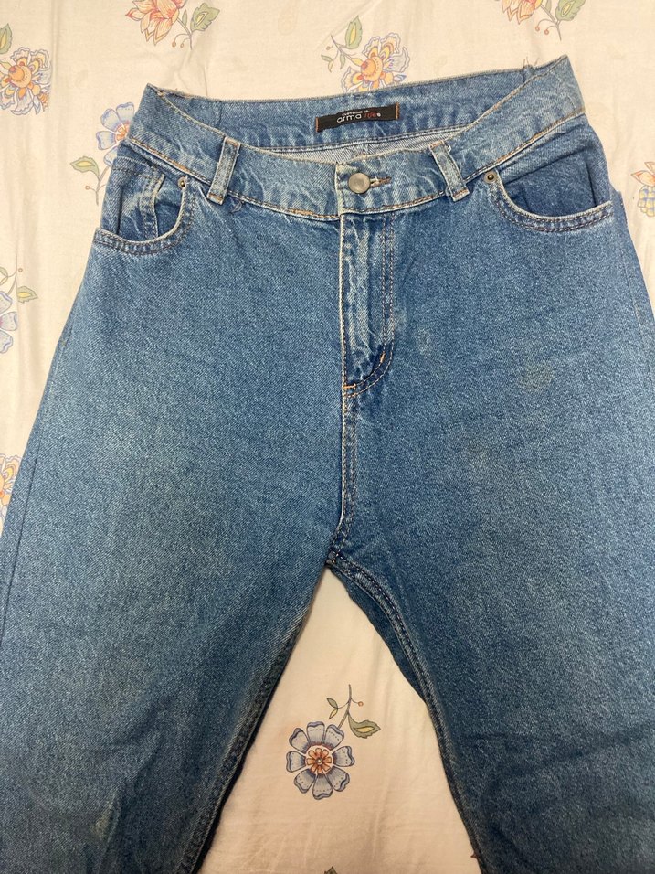 Düğmeli Mavi Midi Boy Geniş Kesim Kadın Kot Pantolon - Görsel 2