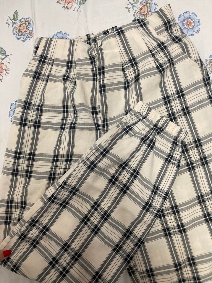 Beyaz Gri Kareli Kadın Pantolon - Görsel 2