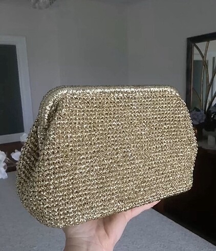 Beden altın Renk Örgü gold clutch