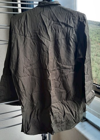 Düğmeli haki Keten Kadın Gömlek - Görsel 2