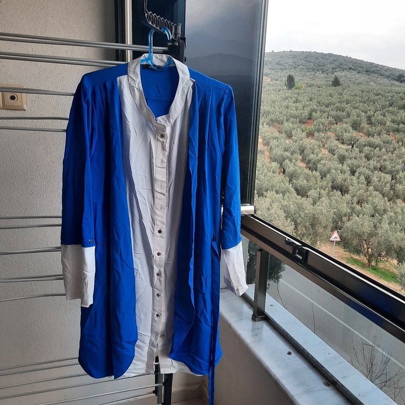 Mavi Pamuklu Uzun Salaş  Ceket - Görsel 2